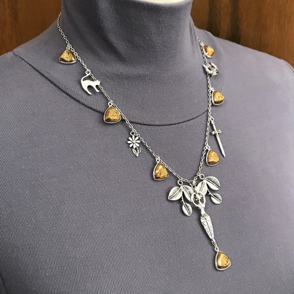 Freya Norse Mythology Goddess Handmade Viking Necklace, Sword, Gold Druzy Drops - Picture 10 of 16